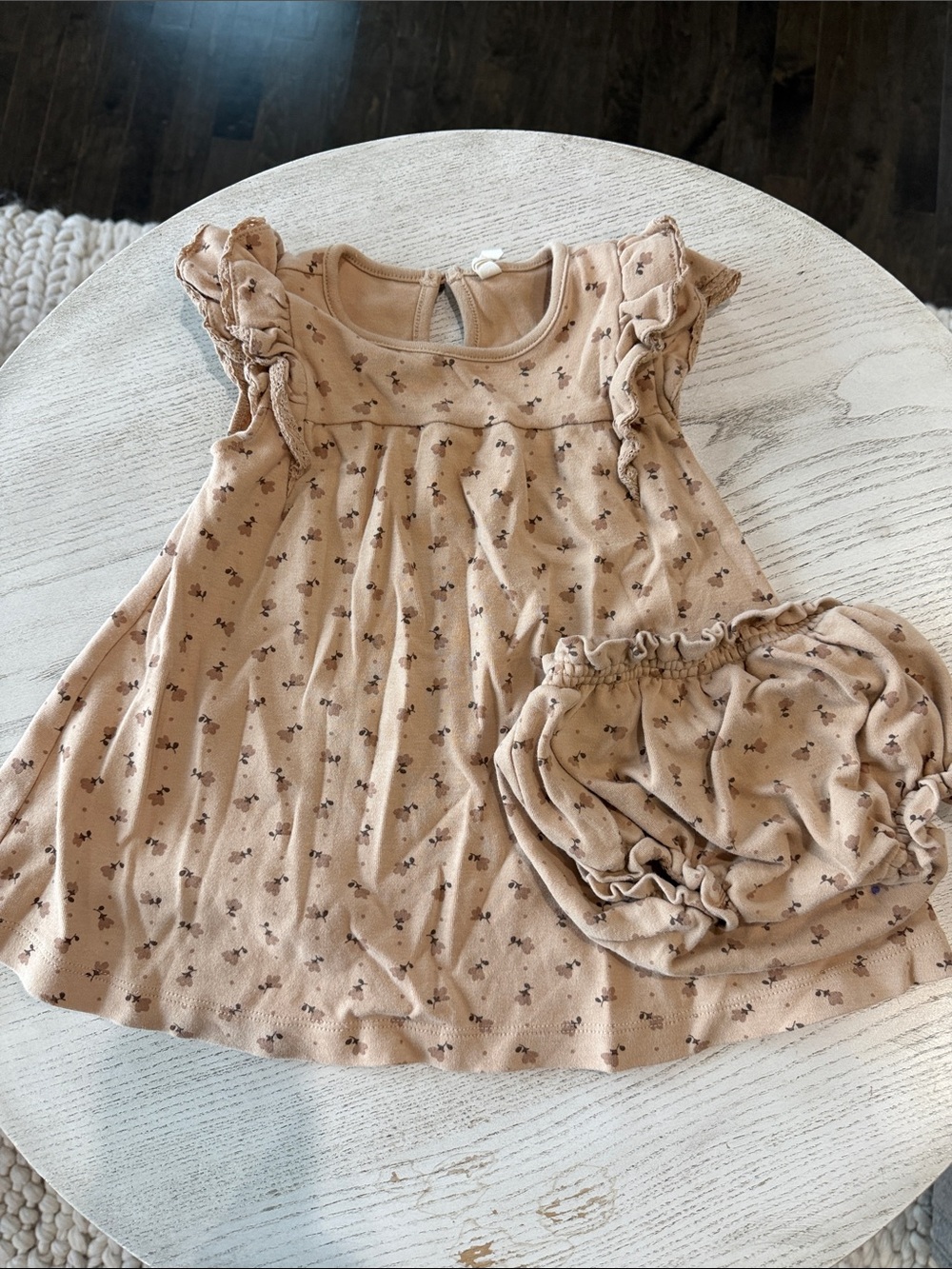 Quincy Mae Beige Floral Ruffle Baby Dress with Bloomers
